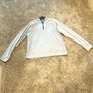 Vuori men's 1/2 zip long-sleeved light gray hooded sweatshirt. size x-large